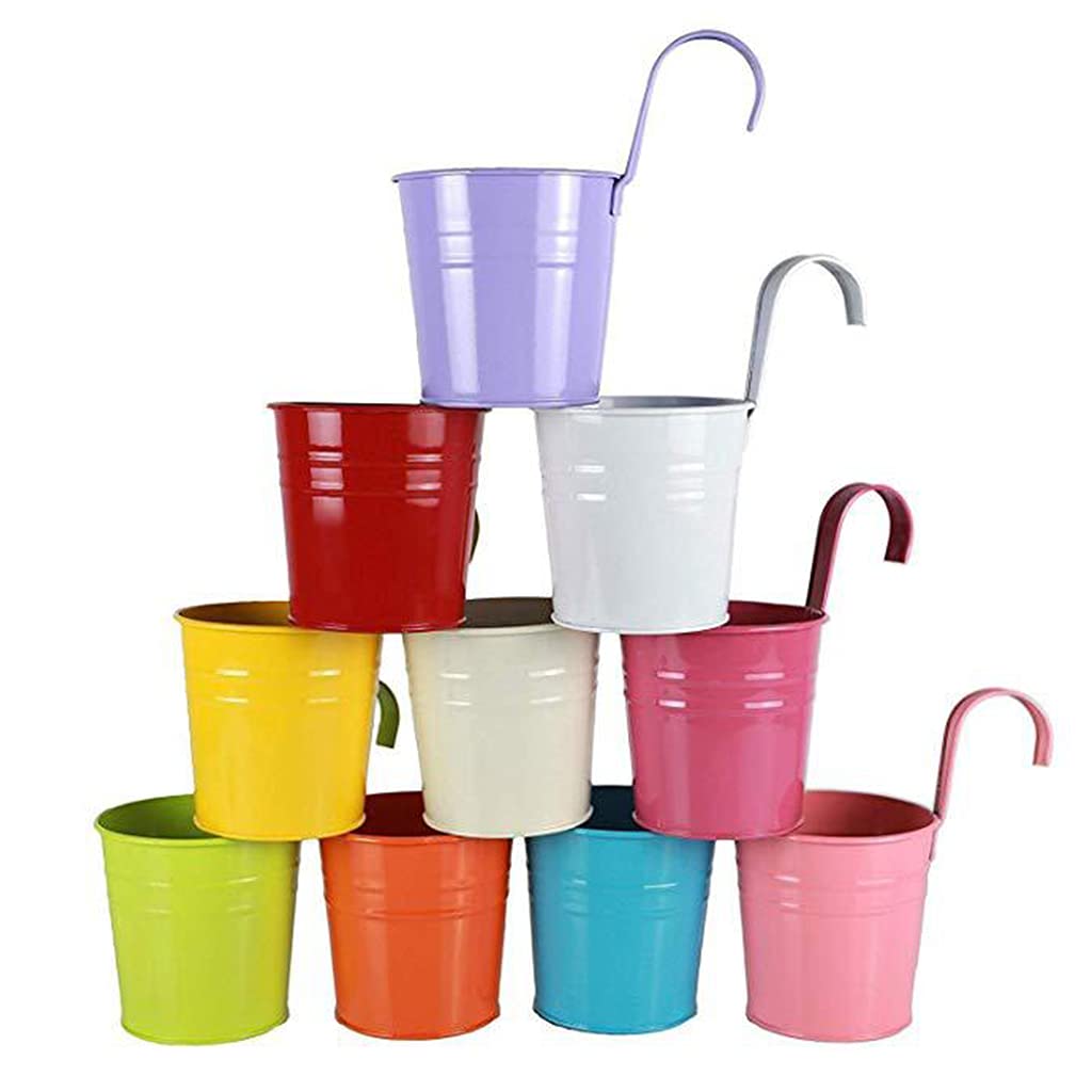 Tangpingsi Hanging Metal Bucket Flower Pot with Rainbow Colours and Removable Hook for Window Railing Fence