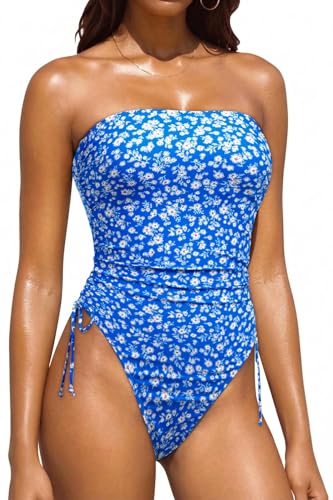 Image of Yonique Women Strapless One Piece Swimsuit Tummy Control Bandeau Bathing Suit Cheeky Swimwear