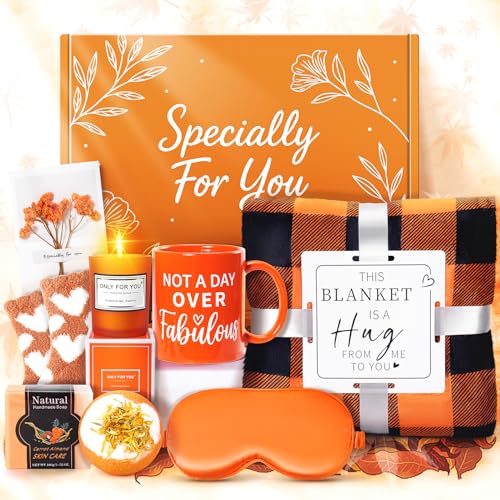 Fortunings JDS 13PCS Orange for Women Thank You Birthday Baskets for Women Wife Mom Sister Friend Girlfriend Teacher Get Well Self Care Package Graduation Sympathy Retirement Thank You Gifts