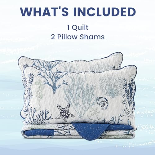Qucover Coastal California King Quilt 118"x106", Ocean Beach Themed Bedding Set with Pillowcase, Soft Lightweight Reversible Microfiber Nautical Coverlet, Oversized King Bedspread for Summer,Navy Blue by Qucover - Used condition - Image 9