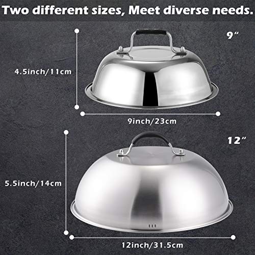 3 Pack Heavy-duty Grill Accessories Set, 9 Inch + 12 Inch Cheese Melting Dome 18/8 Stainless Steel + Cast Iron Burger Bacon Press, Heat Resistant Handle for Flat Top Griddle Grill Indoor/Outdoor