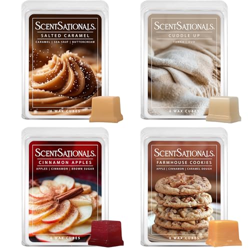 ScentSationals Fall Wax Melts Home Sweet Home 4pk – Long Lasting, Strong Scent Melts for Warmers, Includes Cuddle Up, Cinnamon Apples, Salted Caramel Butter Cream & Farmhouse Cookies, 10oz (24 Cubes)
