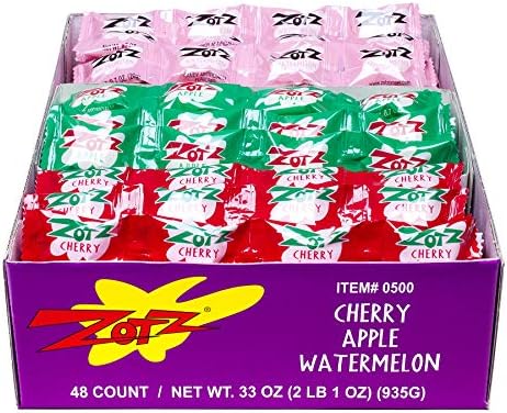 Zotz Fizz Power Candy Assorted - Fruit Flavored Hard Candy with a Fizzy Center | 48 Strings, 4 Pieces/String | Cherry, Apple & Watermelon | Gluten-Free