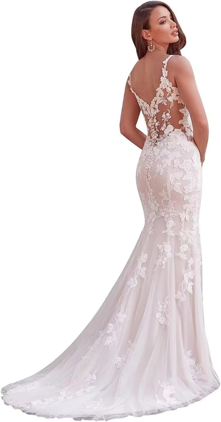 V Neck Lace Mermaid Wedding Dresses for Women Straps Sleeveless Tulle Bridal Gowns with Train for Brides