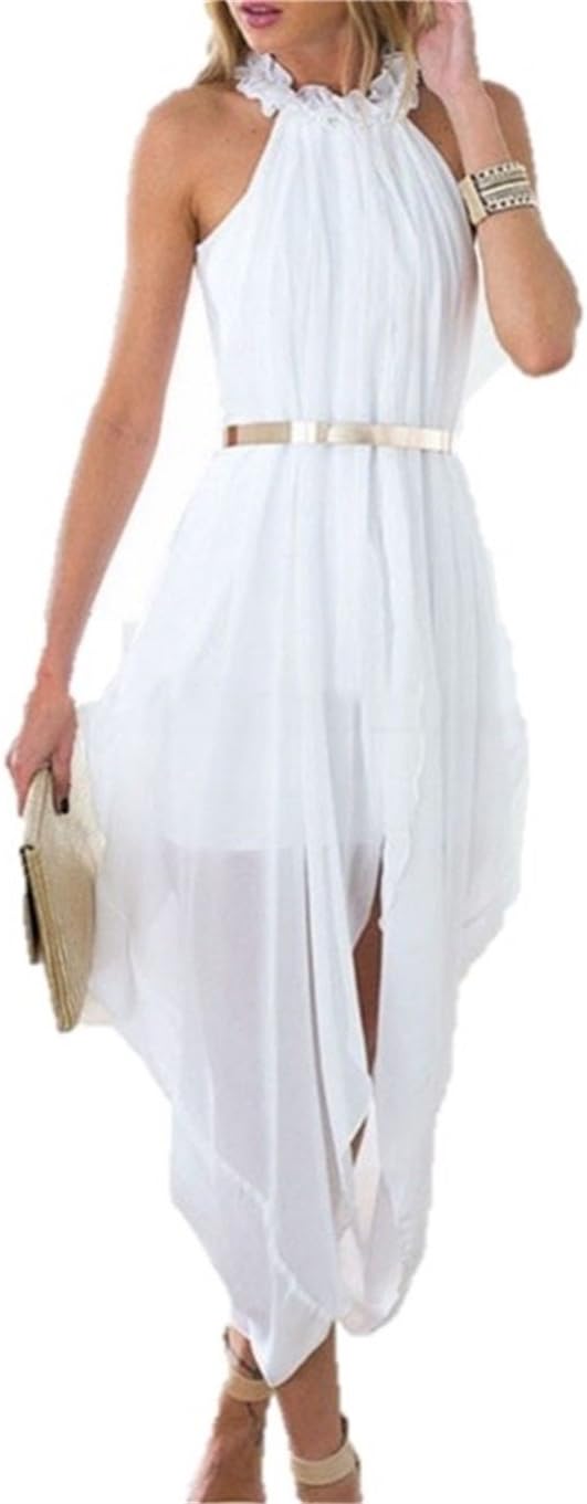 ShopallElegant Women's Sheer Chiffon Halter Sleeveless Hi Low Beach Party Dress with Gold Belt