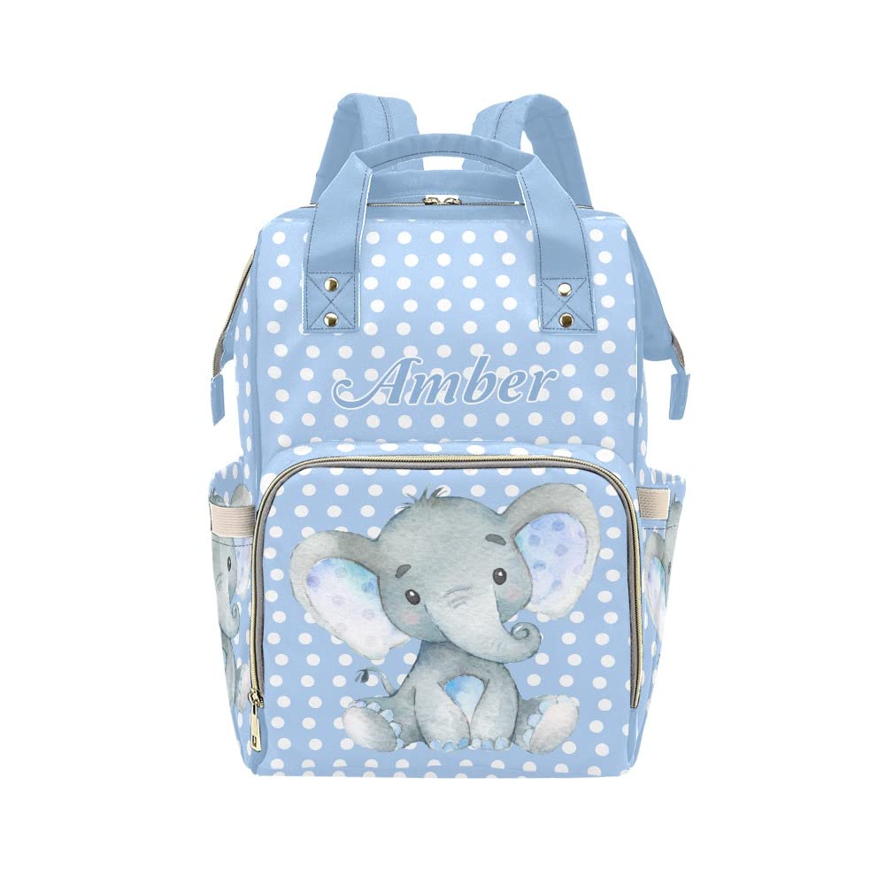 Elephant Blue Diaper Bags Backpack with Name Personalized Baby Nursing Nappy Travel Tote Bag Gifts for Mom
