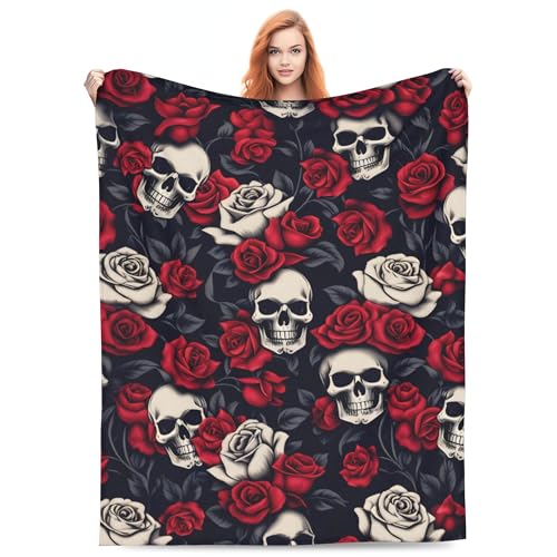 Vodrm 9RFGVD53GRF Horror Skull Blanket Gifts For Kids Adults Soft Warm Lightweight Cozy Gothic Red Rose White Black Skulls Throw Blankets For Bed Living Room Sofa Couch Halloween Goth Decor 50X60In cover