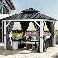 DWVO 10x10ft White Gazebo Hardtop Double Roof Canopy Outdoor Galvanized Roof Aluminum Gazebo with Netting and Curtain Garden Tent for Patio, Backyard and Deck, Grey Curtain