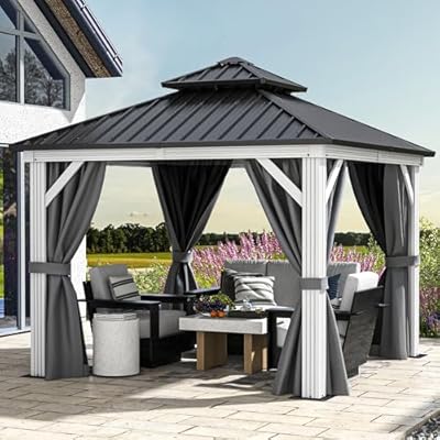 DWVO 10x10ft White Gazebo Hardtop Double Roof Canopy Outdoor Galvanized Roof Aluminum Gazebo with Netting and Curtain Garden Tent for Patio, Backyard and Deck, Grey Curtain
