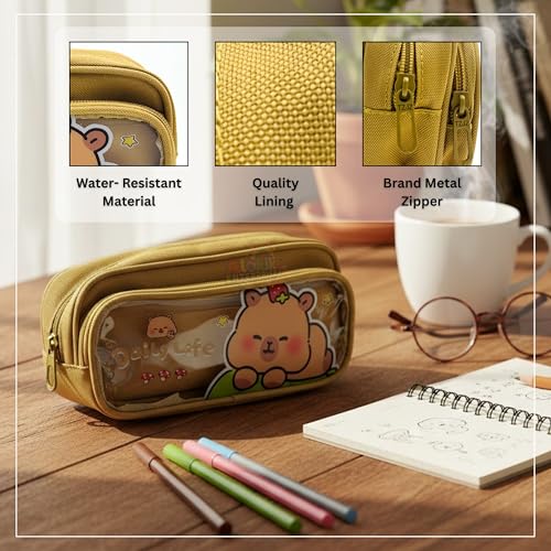 Image of Alokik Enterprise Cute Cartoon Pencil Pouch with Double Zipper & Transparent Window, Large Capacity Fabric Pen Case for School, Office, Students, Kids & Teens (Daily Life Khakhi Pouch)