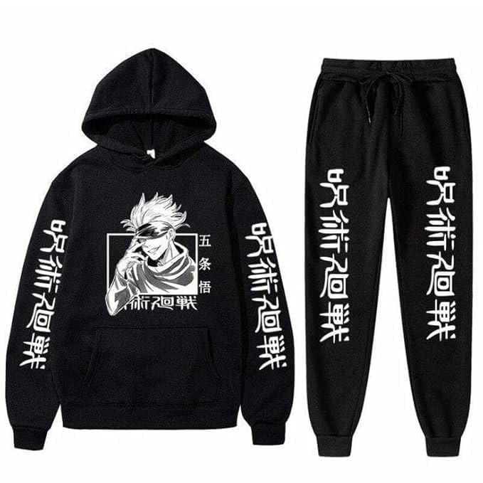 Anime Character Print Hoodie and Jogger Set, Black, Japanese Text Design tracksuit (IN, Age, 12 Years, 13 Years, Regular, ANIMECOMBO2)-image-30