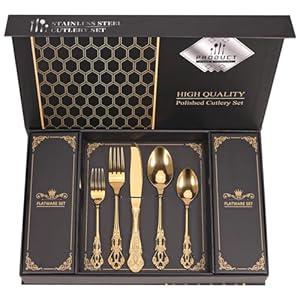 Retro Royal Gold Silverware Set With Gift Box For 8 Cutlery Set Utensils Stainless Steel Flatware 40 Pieces MIKIWAY Kitchen Tableware Set For Gifts Festive, Dishwasher Safe, Mirror Polishing