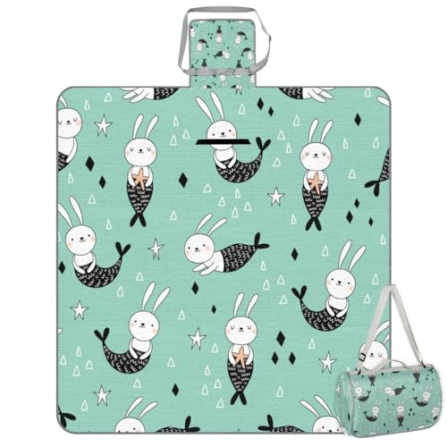 Shimoshe Picnic Blankets 57”x 59”, Mermaid Bunny Waterproof Sandproof Picnic Mat Lightweight Foldable Beach Blanket for Camping Park Grass Beach Outdoor Blanket
