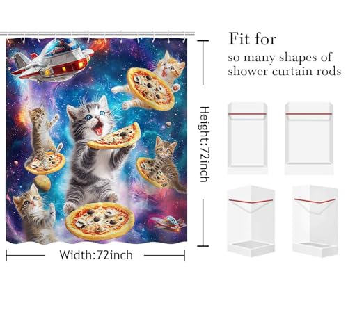 Image of Funny Shower Curtain, Galaxy Space Cute Cat Pizza Colorful Fabric Bathroom Accessories Decor Curtain, Cute Hilarious Anime Boys Girls Shower Curtains for Bathroom, with Hooks 72x72 Inch
