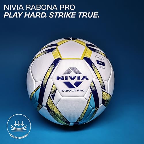 Image of Nivia Rabona Pro Football with Pump, 32 Panels, Glossy TPU Stitched, Suitable for Soft & Dry Ground, Hard Ground with Grass & Artificial Turf, International Match Ball (Size - 5, White)
