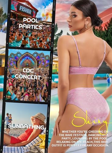 Glitter Rave Outfits for Women - Music Festival Metallic EDM Holographic Swimsuit Sexy Underboob Top Dance Bottom4