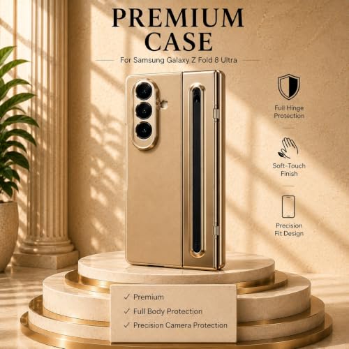 Image of amazon basics Premium Genuine Leather Case for Samsung Galaxy Z Fold 8 Ultra - Slim Fit Luxury Business Cover with Built-in S Pen Slot & Magnetic Hinge Protection - Midnight Gold