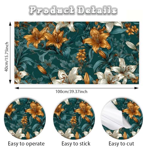 Image of Spring Summer Lily Wall Decals, Vintage Oil Painting Floral Peel and Stick Wallpaper for Home Refresh, Dark Green Botanical Mural for Spring Cleaning Decor, Mother's Day, 39.37x15.75 Inch