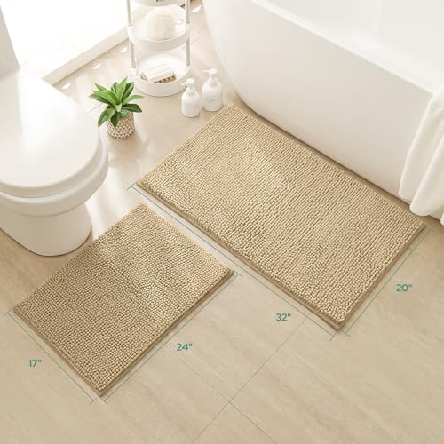 HOMEIDEAS 2 Pieces Bathroom Rugs, Non Slip Absorbent Chenille Toilet Bath Mat Set (Beige) — view 2