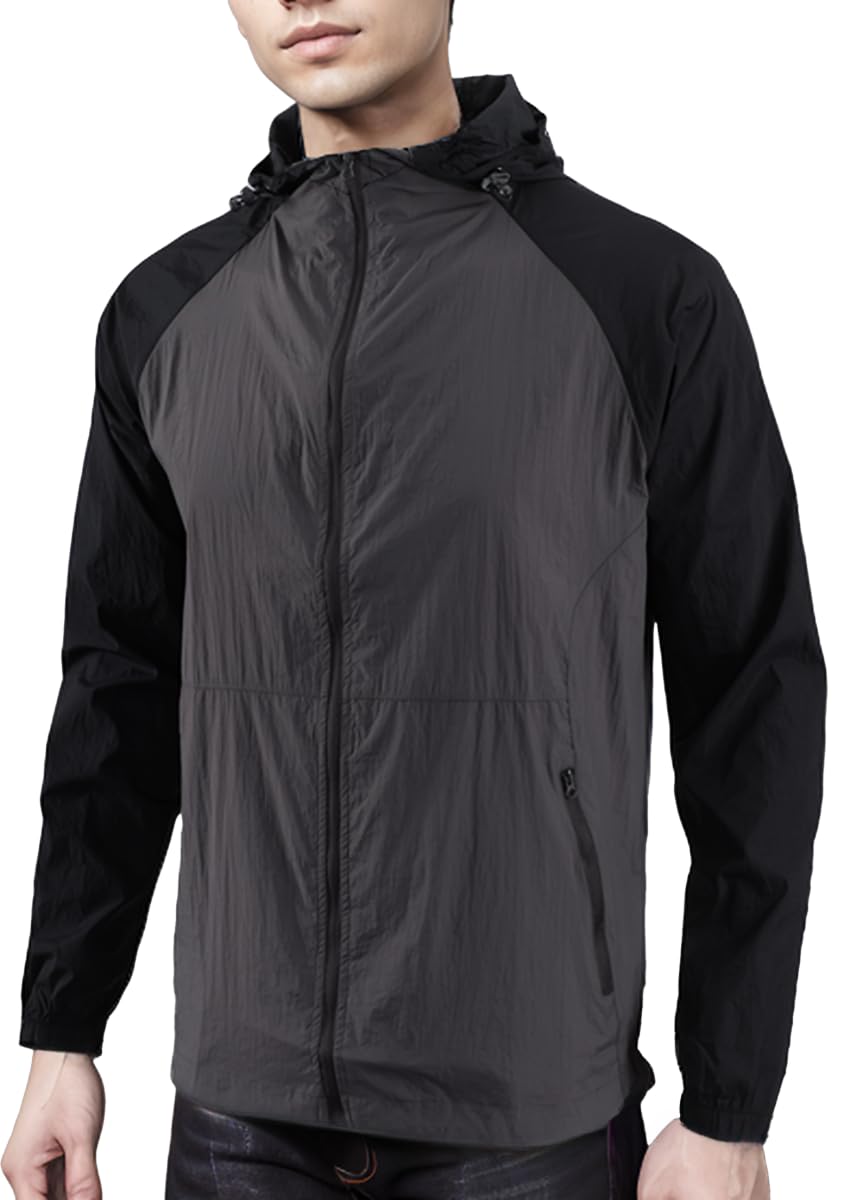 HETHCODE Men's Ultra Lightweight Full Zip Waterproof Hiking Track Anorak Hoodie Coat Windbreaker Jackets Medium D.gray/Black