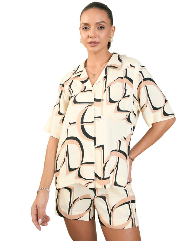 Magre Women Beige Printed Shirt Collar Co-Ords Set