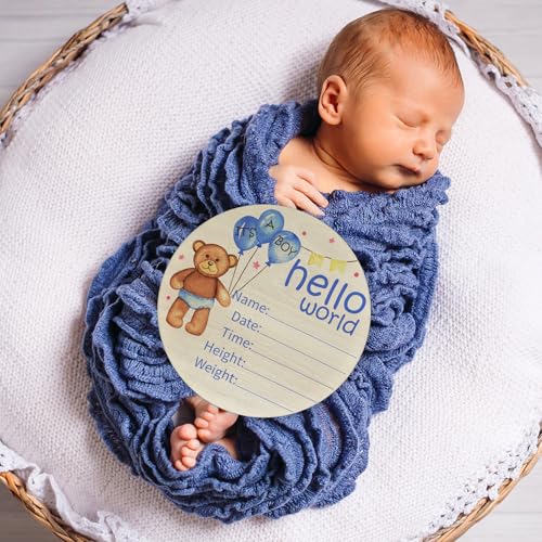 Image of Birth Announcement Sign Hello World Baby Name Wood Blue Bear Theme | Round Wood Plaque with Blue Bear Design, Custom Name Date Weight Length Great for Nursery Wall Baby Shower Gifts