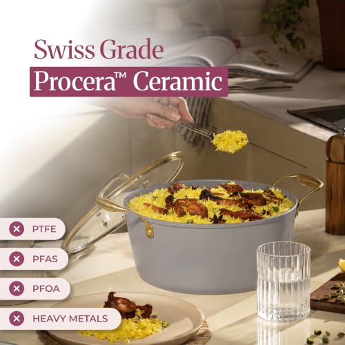 Image of Asai Ceramic Dutch Oven 24cm (4L) with Glass Lid & Silicone Spatula | Grey | Procera Swiss Ceramic Non-Stick Coating | Induction, Gas & Electric Compatible | Stay-Cool Handles | Lab Tested