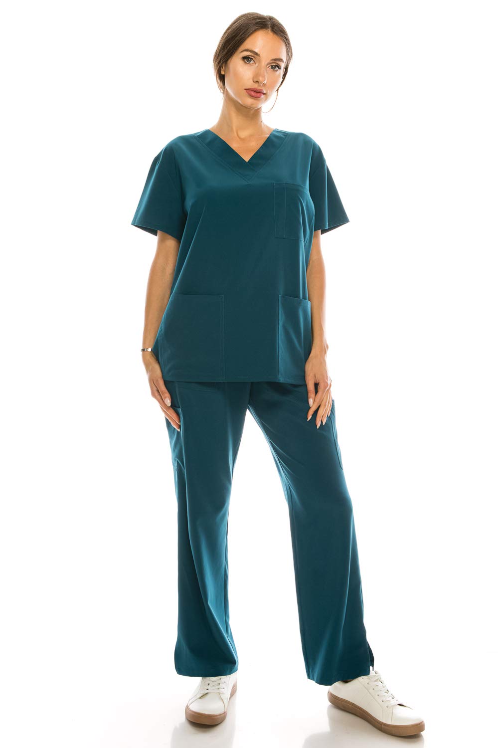 Banhada 7-Pocket V-Neck Top Medical Scrubs Set for Woman - 4 Way Stretch, Comfort, Light Weight Teal, S