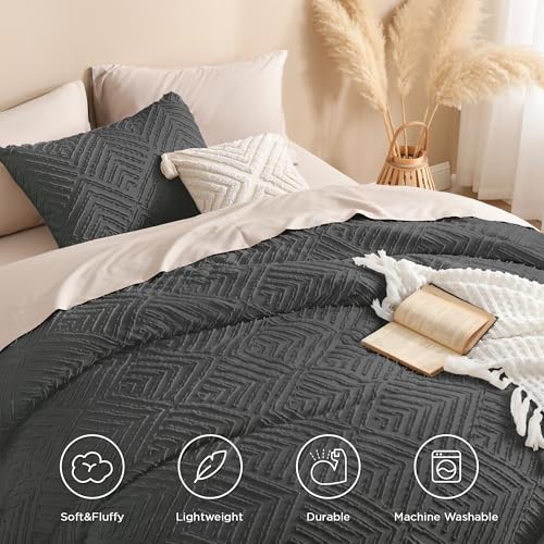 Image of Andency Dark Grey Comforter Set Queen, Gray Lightweight Fluffy Bedding Comforter Sets for Queen Bed, 3 Pieces Tufted Farmhouse Shabby Chic Bed Set for All Seasons (1 Comforter 90x90In, 2 Pillowcases)