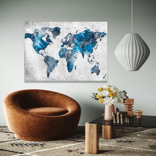 Carte du monde abstraite bleue sur toile de haute qualité avec cadre intérieur