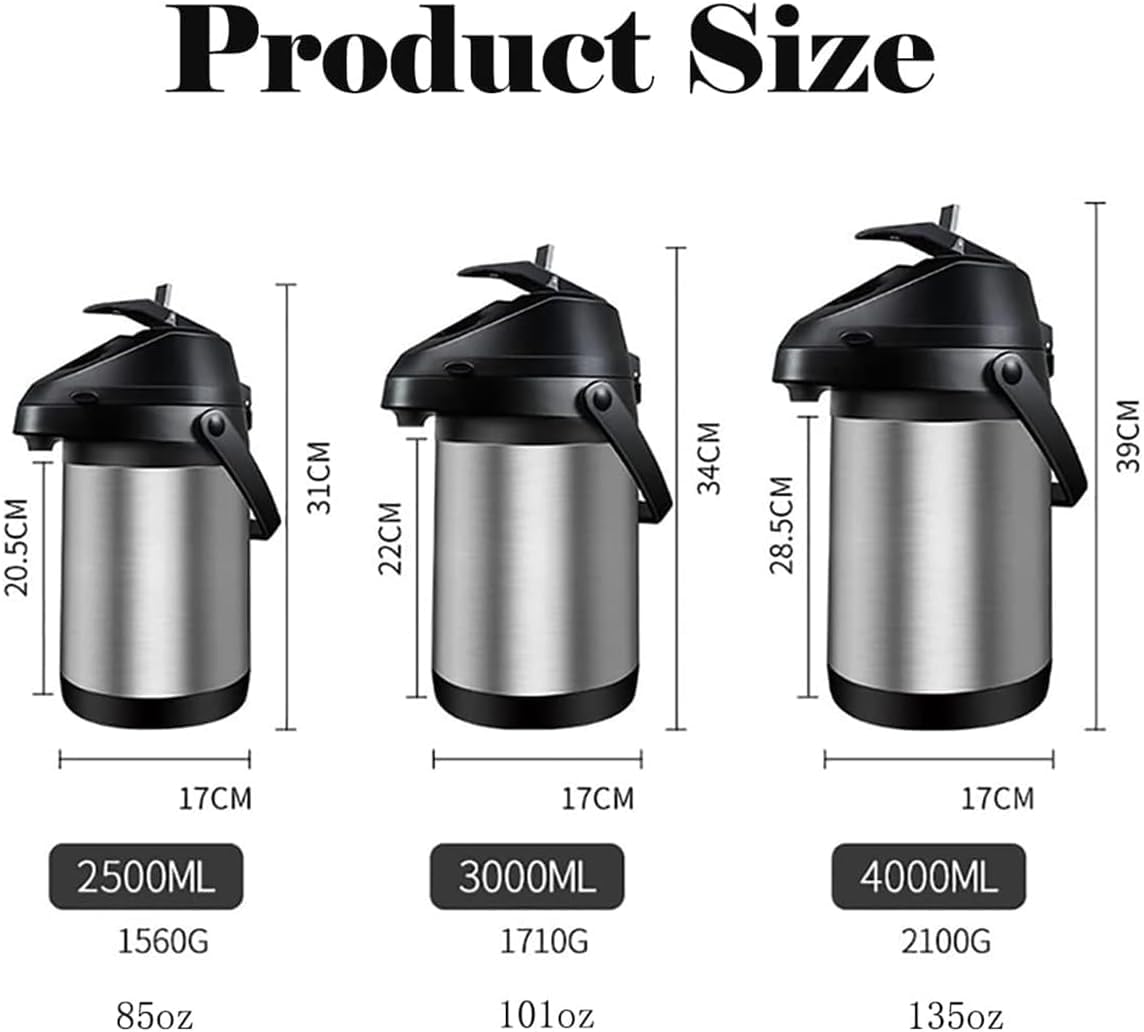 Cafetière isotherme à pompe 4L Bouteille Isotherme en Acier Inoxydable, Bouilloires isolées sous vide,Isolation thermique 24 heures,pour bouilloires, théières et cafetières pour garder chaudes