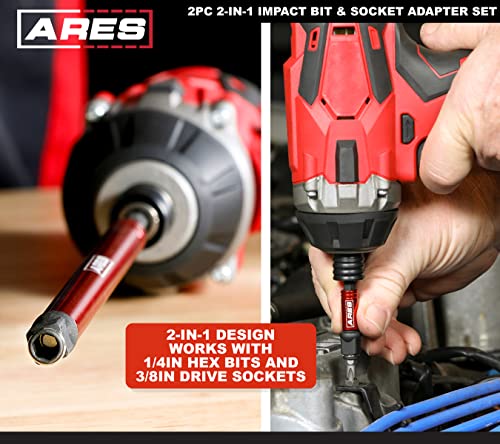 Image of ARES 22027 2-in-1 Impact Bit & Socket Adapter Set - 3-In & 8-In | Holds Standard 1 /4-In Hex Bits & 3 /8-In Drive Sockets; Spinning Sleeve Stabilizes