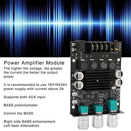 ZK-1002T Power Amplifier Module highlighting voltage recommendations and bass potentiometer function