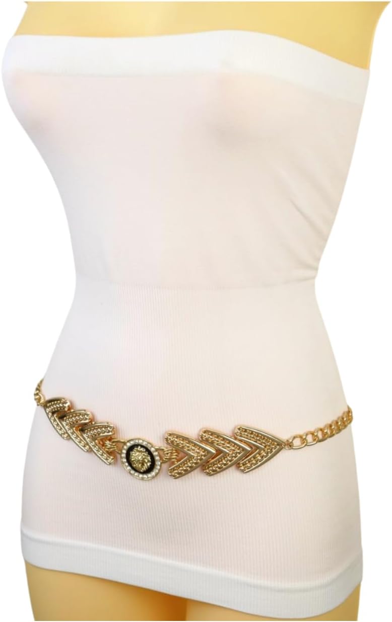 Trendy Fashion Jewelry Gold Chain Belt for Women Plus Size XL–XXL 40"–55" – Lion Coin Medallion – Handmade Western Streetwear Style – WB23