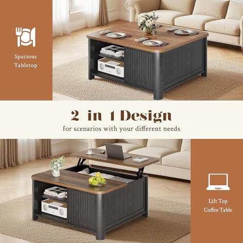 Image of Decofy Lift Top Coffee Table with Storage, Square Coffee Table with Large Hidden Storage & Adjustable Shelves, Farmhouse Center Table with Sliding Door for Living Room, Home Office, Black