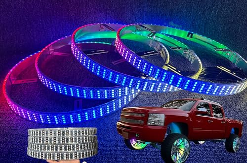 FIJVKNXY 4PCS 17.5 Inch Chasing RGB LED Wheel Ring Lights Fit for Trucks Cars Pickups, Intensive Quad Row Dream Color Flowing Tire Lighting Kit with Bluetooth App Remote Control