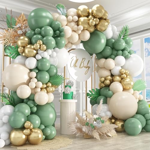 Image of 412Pcs Sage Green White Sand Gold Balloons Garland Arch Kit,18 12 10 5 Inch Different Sizes Balloons for Baby Shower Wedding Birthday Gender Reveal Party Decoration