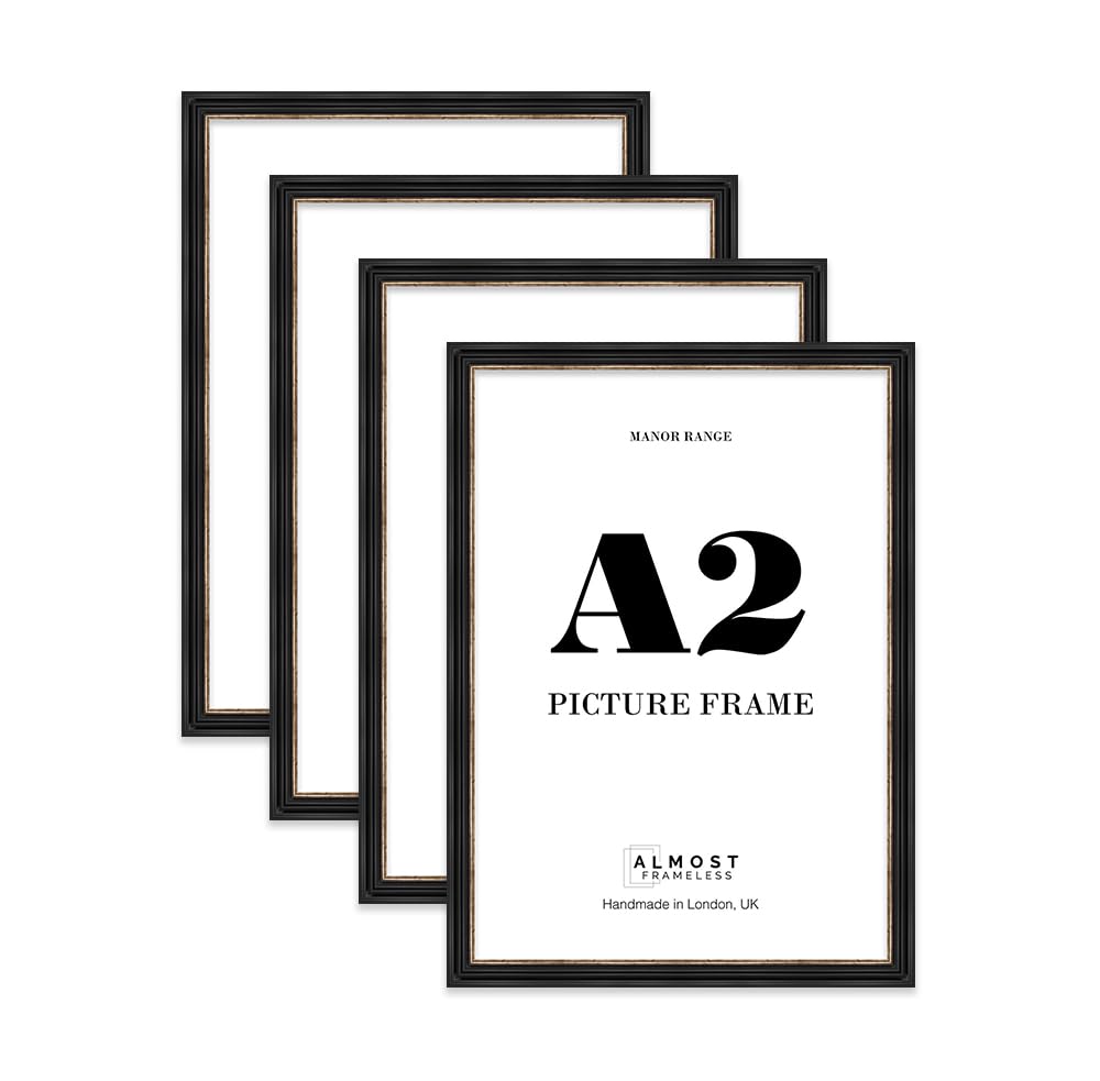 A2 Picture Frame, Display A2 Pictures (41.9 x 59.4cm) - Black & Gold Timeless 42mm Edge Antique-Inspired Home Accessories - 4 Pack