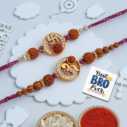 Image of eCraftIndia Om Swastika Rudraksha Rakhi Set of 2 | Rakhi for Brother Bhaiya Bhai with Best Bro Ever Fridge Magnet | Roli Chawal Pack