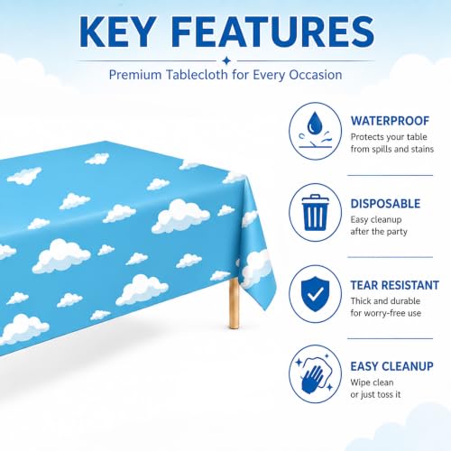 Image of 4 Pack Blue Sky Cloud Plastic Tablecloths, 54 x 108 in, Disposable Covers