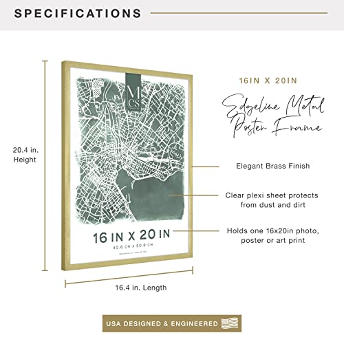 Image of MCS Edgeline Metal Poster Frame, Back-Loading Picture Frame For Wall Art, 16 x 20 Inch, Brass