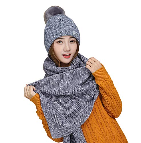 Bonnet d'hiver femme classique avec pompon et écharpe intégrée