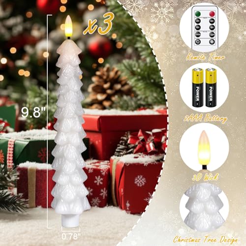 Image of Christmas Tree Candles Battery Operated with Remote, Waxy White Christmas Flameless Tree Taper Candles with Flickering Flame, Set of 3 Winter LED Candlesticks for Xmas Home Decor(0.78 inchx9.8 inch)