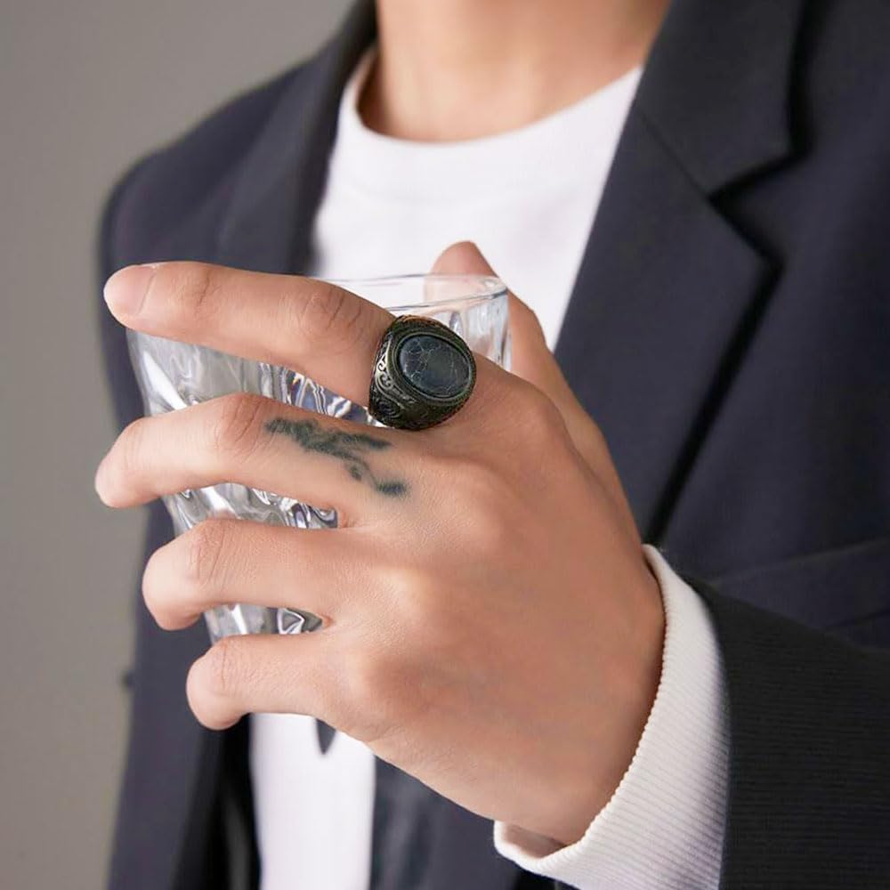 Retro Large Black Stone Wedding Band For Men Classical Gothic Stainless Steel Rings - Image 2