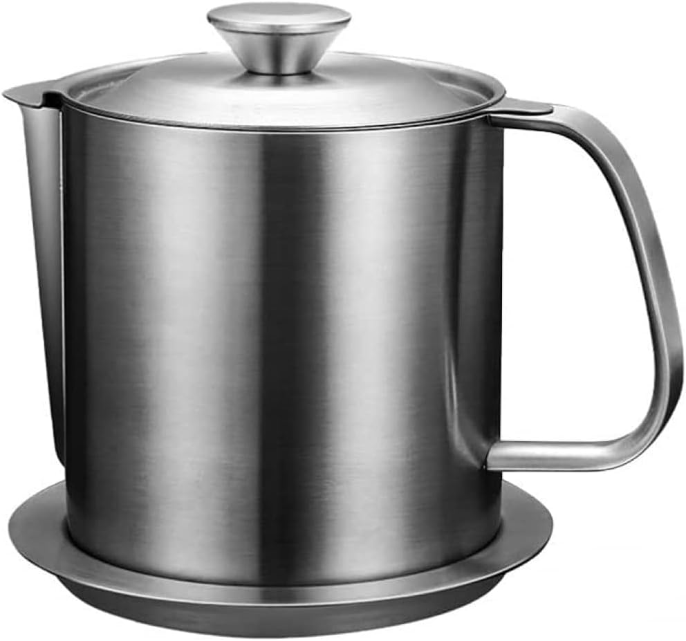 1L食用油ポットステンレス鋼貯蔵脂肪容器フィルターベース蓋付き漏れ防止グリースオイルストレーナーホームレストラン用貯蔵ポット