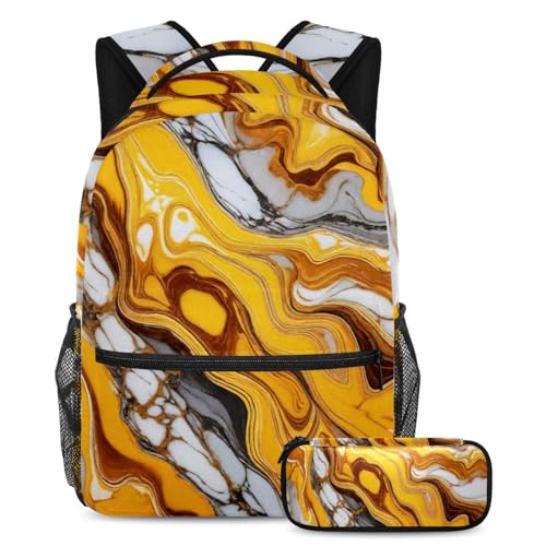 Sac à dos scolaire solide marbre jaune | Ensemble de 2 cartables enfants pour la rentrée