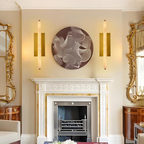Image of 25in Alabaster Wall Sconces Brass Alabaster Sconce Spanish Marble Bathroom Vanity Sconces Long Modern Wall Light for Living Room Bedroom Staircases Indoor Gold