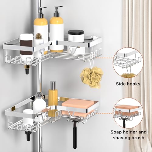 Image of KEGII Corner Shower Caddy Tension Pole - Chrome 4-Tier Adjustable Shower Tension Rod Organizer with Hooks & Soap Holders, 25-114.2 Inch Stainless Steel Shower Storage Rack for Renters & Family