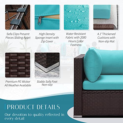 Nicesoul® Large 9 Pcs Outdoor Patio Furniture Set With Propane/Gas Fire Pit Turquois Cushions Brown Wicker Modular Sectional Sofa Set Patio Conversation Sets With Fireplaces Modern Sofa Set For Porch #TOP2