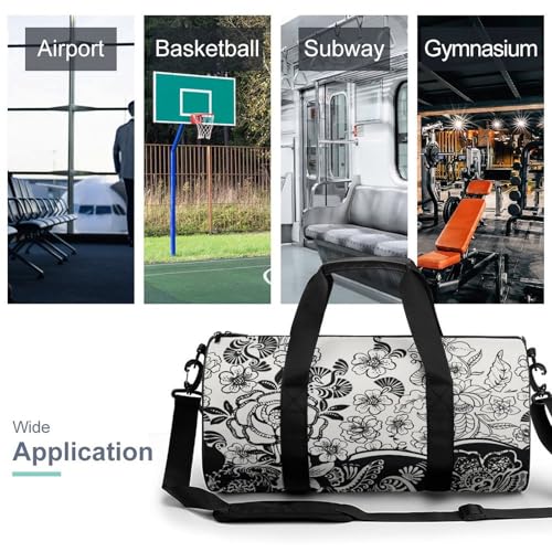 Sac de gym fleurs noires et blanches format cabine pour le camping